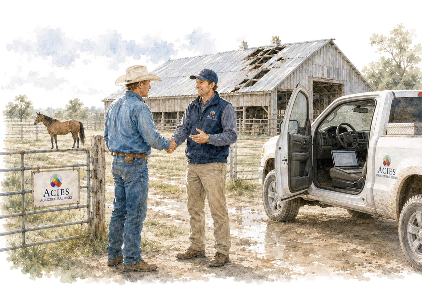 Watercolour illustration of an Acies representative shaking hands with a rancher beside a storm damaged barn and a branded pickup truck