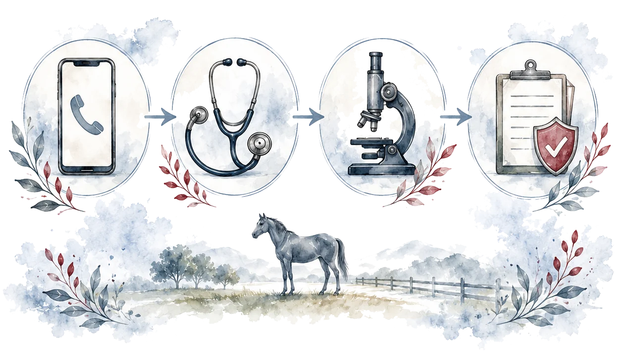 Watercolour illustration of a four stage claims sequence: telephone, stethoscope, microscope, and a completed file with a shield