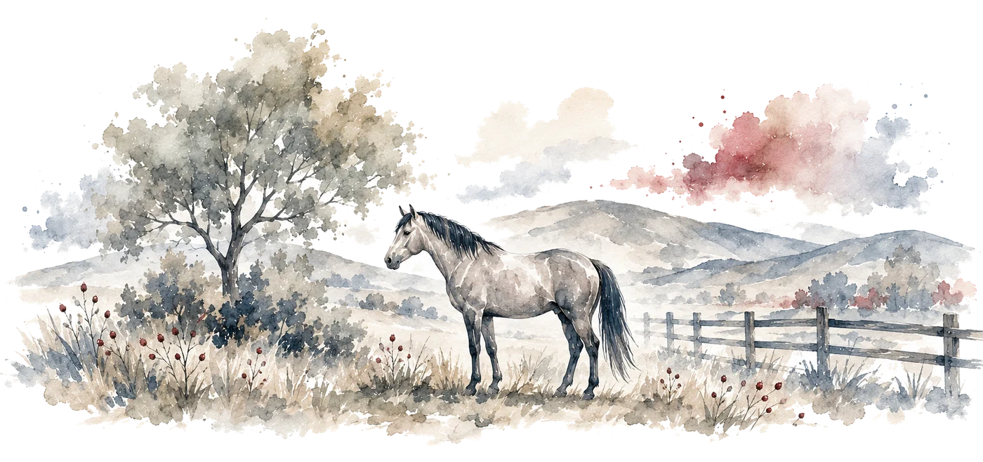 Watercolour illustration of a dapple grey horse standing in open pasture beside a tree, with a rail fence and rolling hills beyond