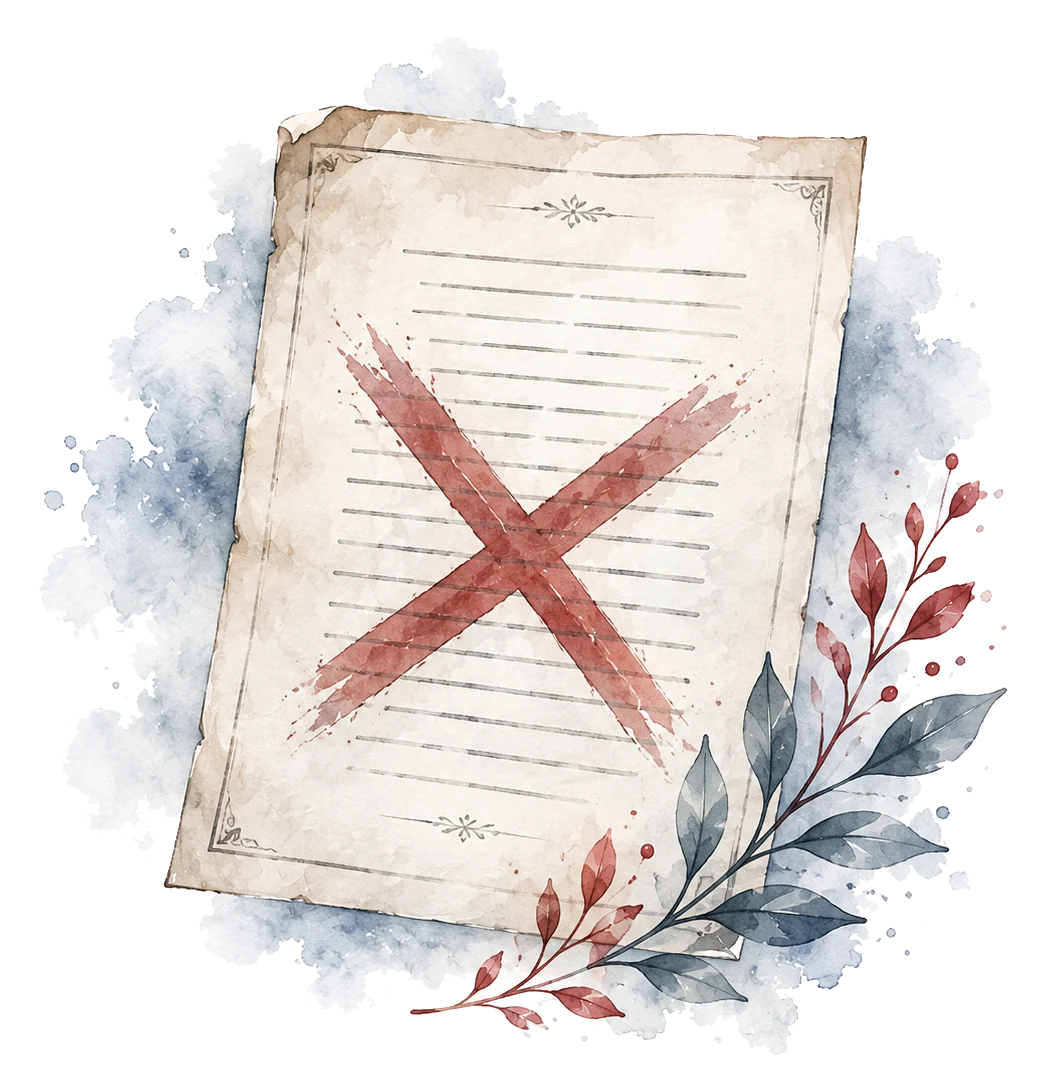 Watercolour illustration of an aged ruled document struck through with a red cross
