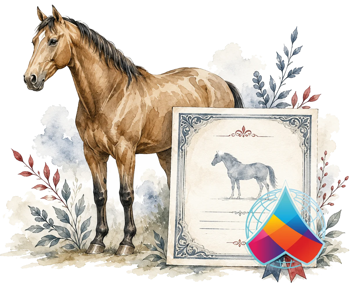 Watercolour illustration of a horse beside an ornate valuation certificate carrying the Acies Agricultural Risks mark