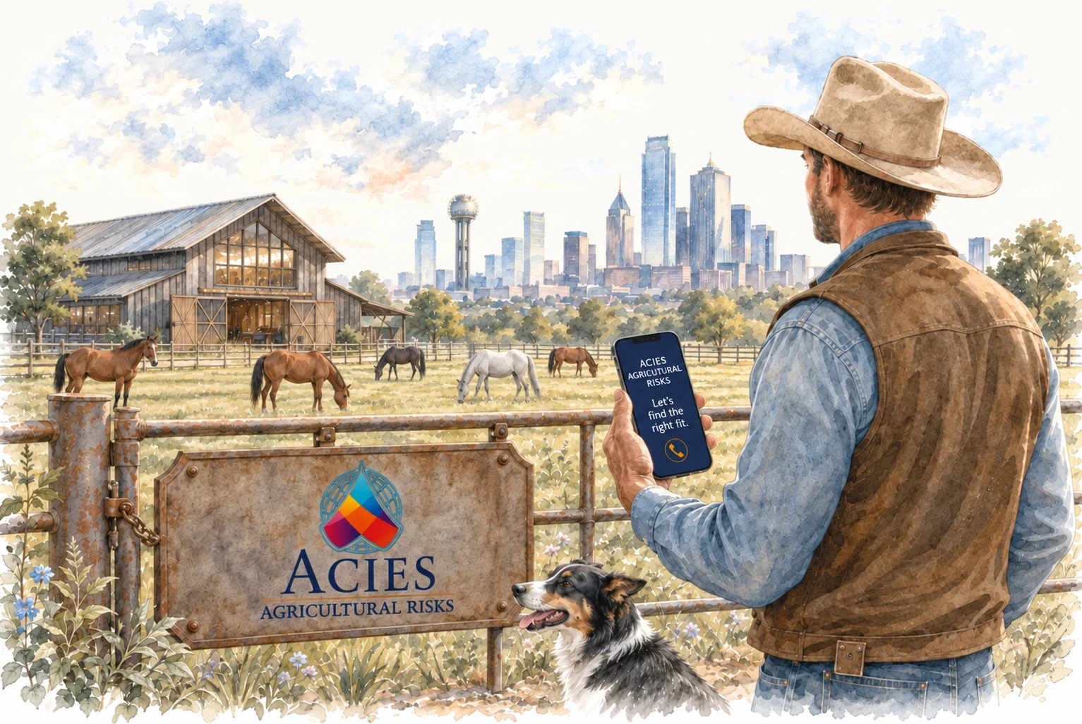 Watercolor illustration of a rancher holding a phone beside an Acies Agricultural Risks sign, with grazing horses, a barn, a dog, and the Dallas skyline