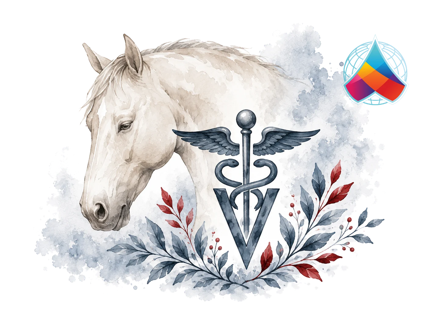 Watercolour illustration of a pale horse's head beside a veterinary caduceus and a wreath of navy and red leaves