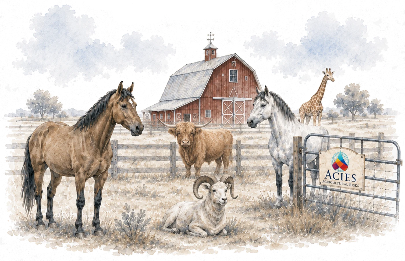 Watercolour illustration of two horses, a Highland cow, a ram and a giraffe beside a red barn and a gate sign reading Acies Agricultural Risks