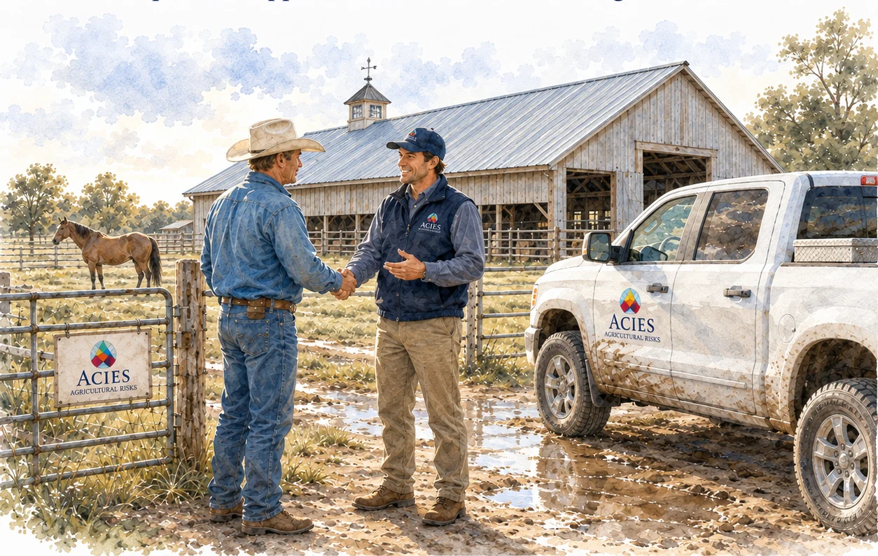 Watercolor illustration of an Acies representative shaking hands with a rancher beside a barn and branded pickup truck
