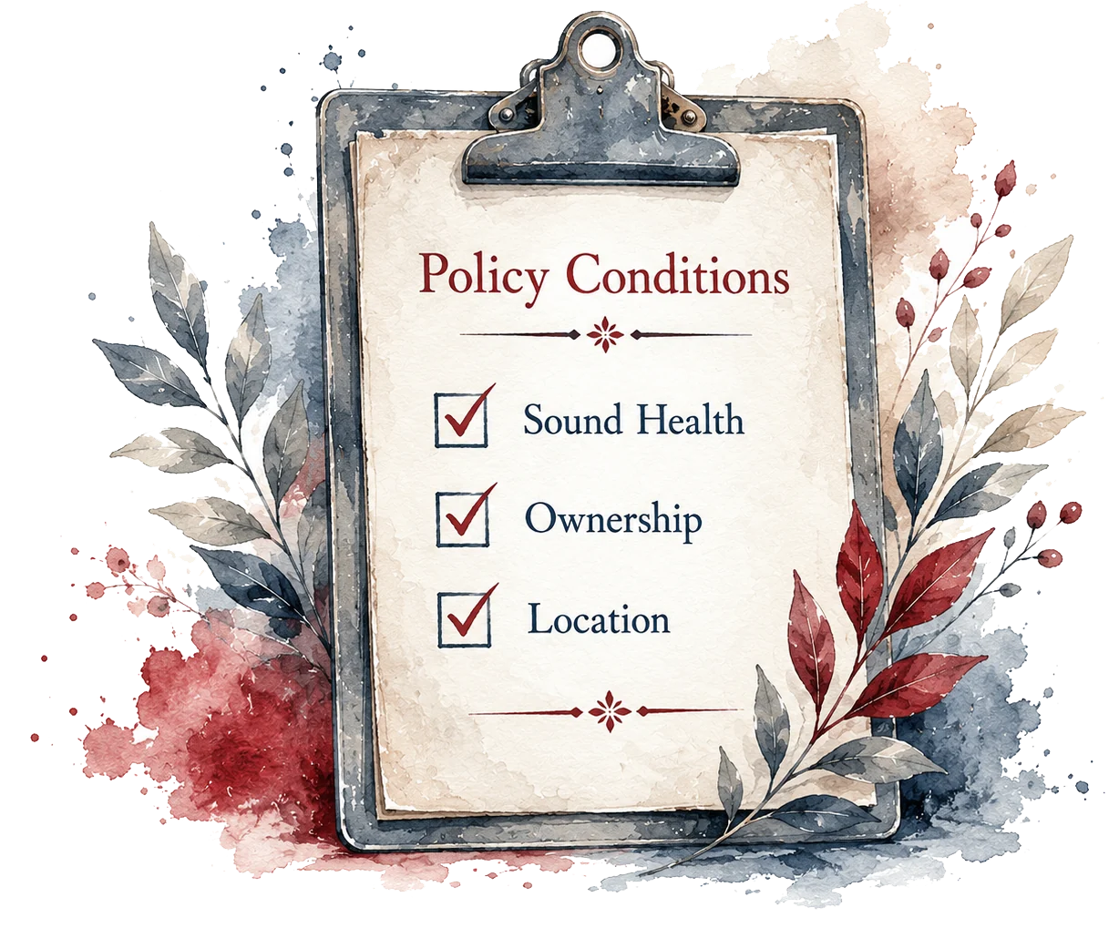 Watercolour illustration of a clipboard headed Policy Conditions with sound health, ownership and location checked off
