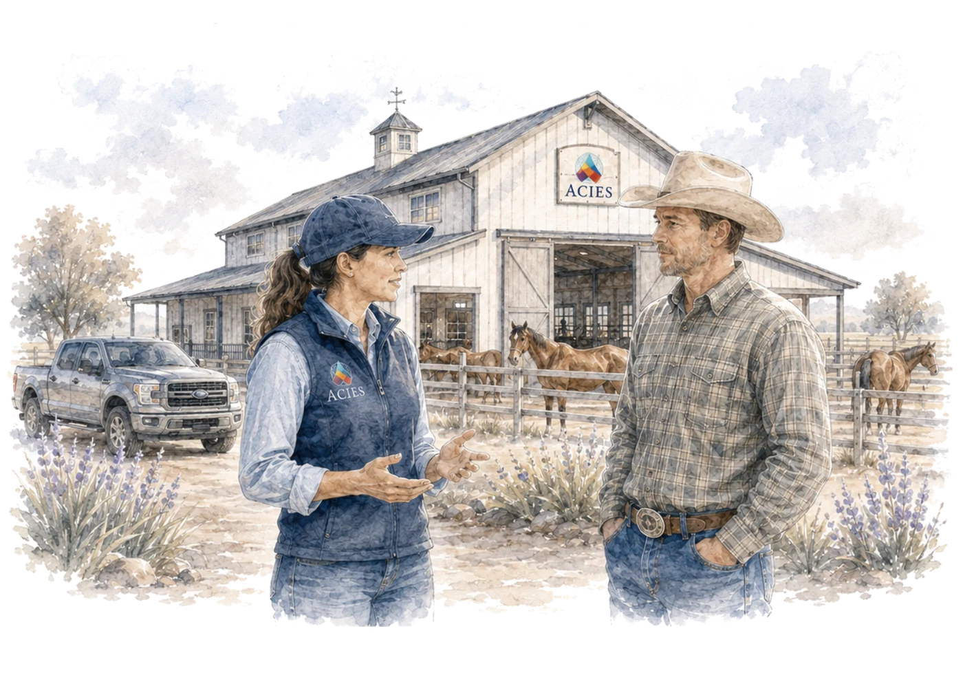 Watercolour illustration of an Acies field underwriter in a branded vest talking with a rancher outside a white horse barn