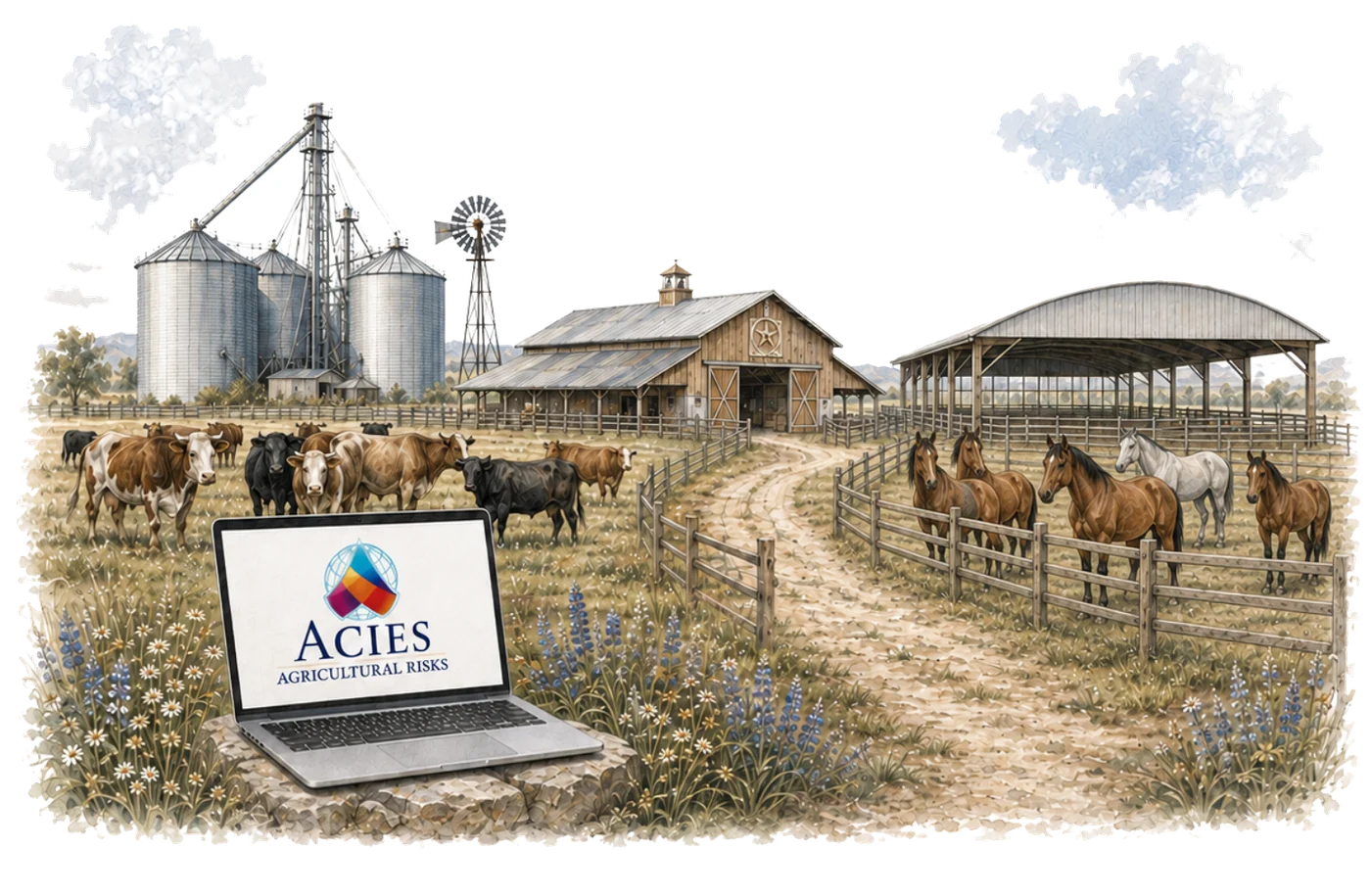 Watercolour illustration of a Texas farm with grain silos, a windmill, cattle, horses in a paddock and a laptop showing the Acies Agricultural Risks logo