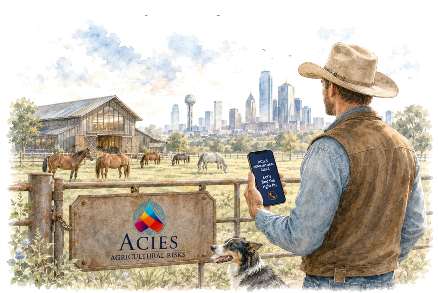 Watercolour illustration of a rancher holding a phone at a gate marked Acies Agricultural Risks, with horses, a barn and the Dallas skyline beyond