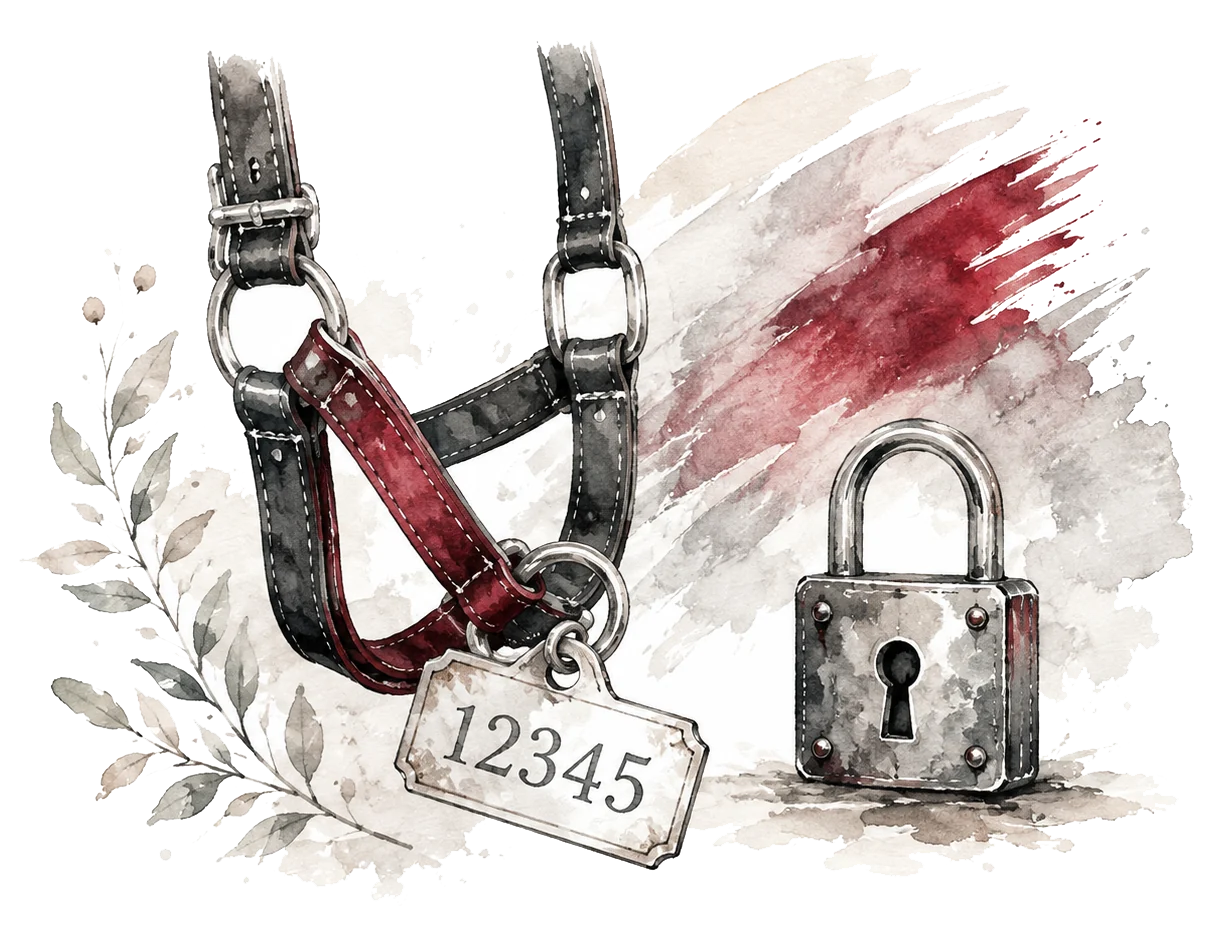 Watercolour illustration of a leather halter with a numbered identification tag beside a padlock