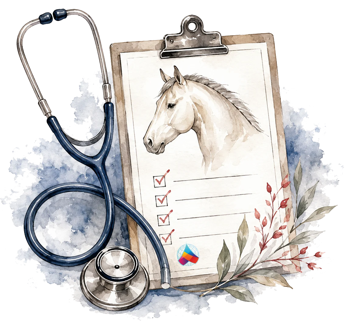 Watercolour illustration of a stethoscope beside a clipboard holding a horse portrait and a checked veterinary form